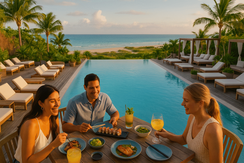 Guests dining poolside with ocean views at sunset, capturing the tropical and luxurious vibe of WATR at the 1 Hotel: Beachy, Boozy, and Kinda Perfect.