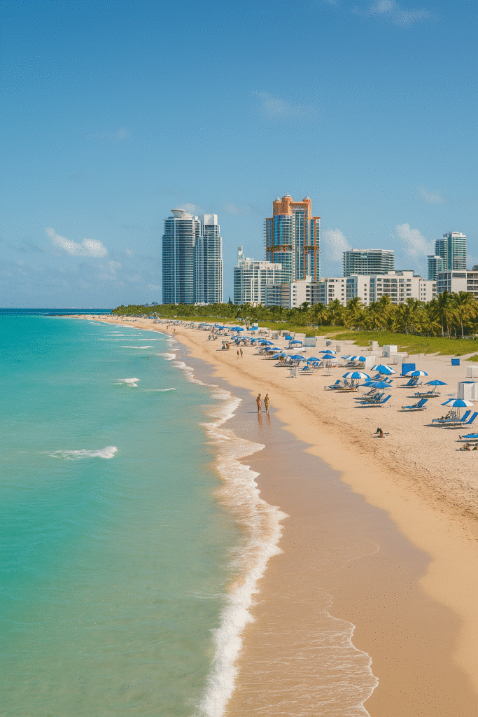 A sunny shoreline with turquoise water and beachgoers under umbrellas, showing the best time to visit Miami Beach for ideal weather.