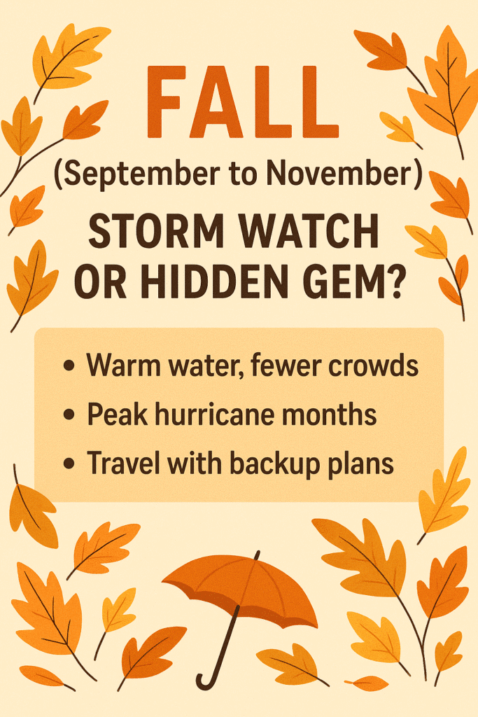 Autumn-themed illustration highlighting key travel tips under the title 'Fall (September to November): Storm Watch or Hidden Gem?' with falling leaves and an umbrella.