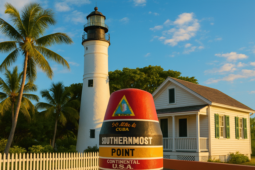 The iconic Southernmost Point Buoy and historic lighthouse in Key West under palm trees and blue skies, capturing the charm of Key West: The Classic Escape.