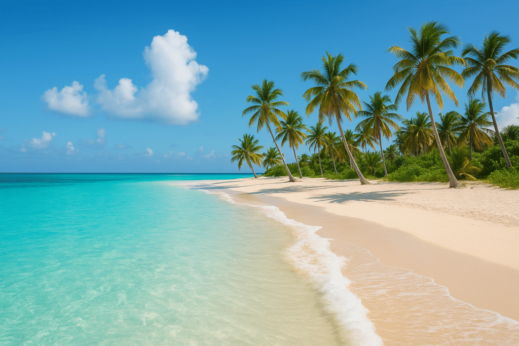 A pristine Bahamian beach with turquoise waters, soft white sand, and swaying palm trees under a clear blue sky—perfectly capturing the vibe of “Bahamas in a Day? Yep, It’s a Thing.”