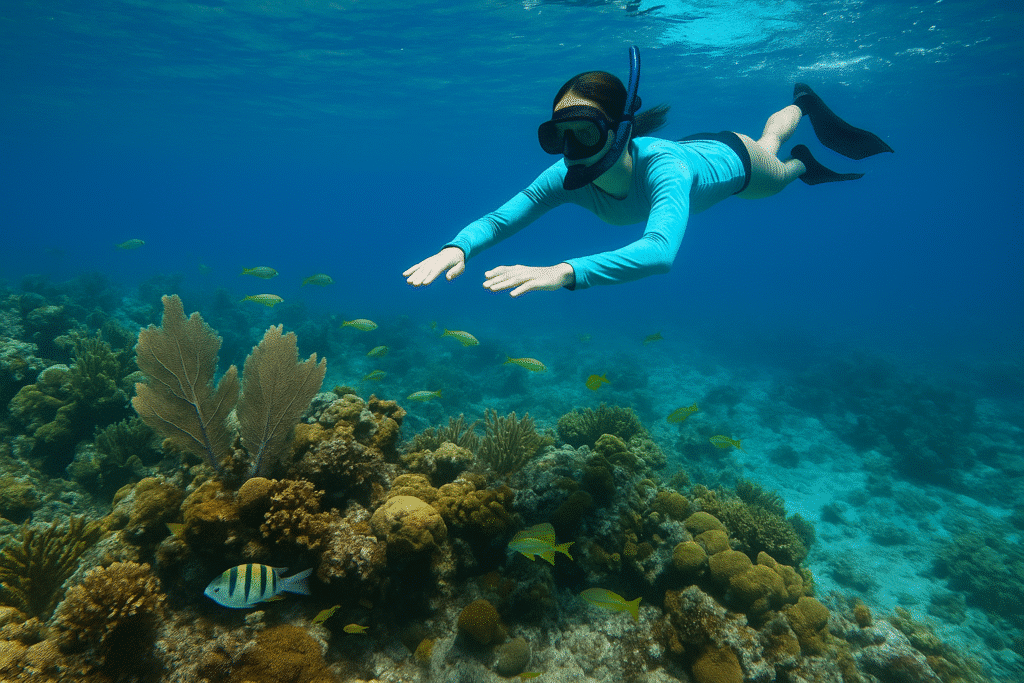 A snorkeler glides above a vibrant coral reef surrounded by tropical fish in clear blue water, perfectly capturing the underwater beauty of Biscayne National Park: Snorkel and Chill.