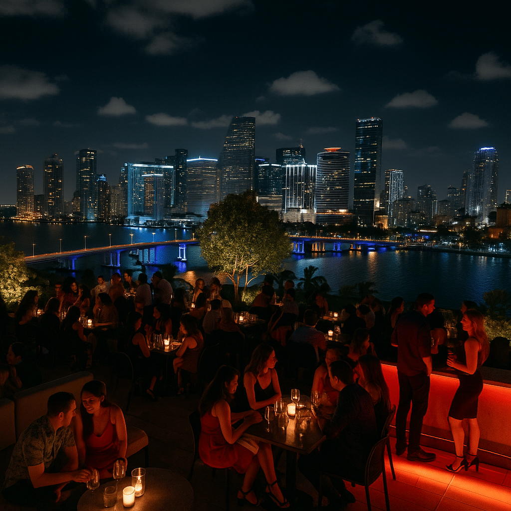 Stylish rooftop bar overlooking Miami’s skyline at night, filled with people enjoying drinks and music—capturing the vibe of Late Nights in the Magic City.