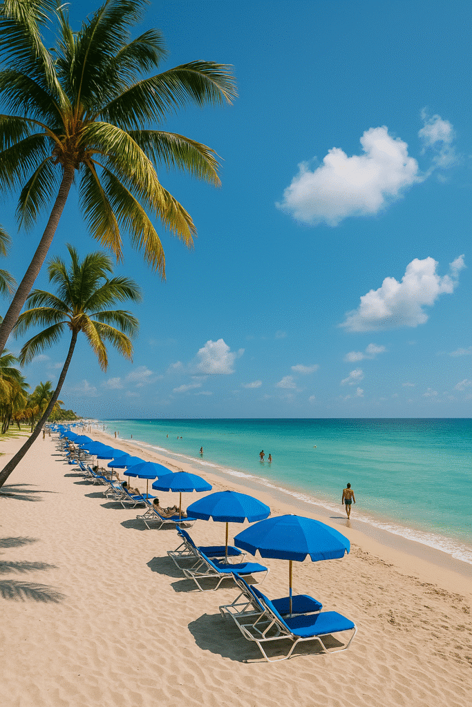 Sunny Miami beach lined with blue umbrellas and palm trees, perfect for relaxing and soaking up those Beach Days, But Make Them Extra vibes.