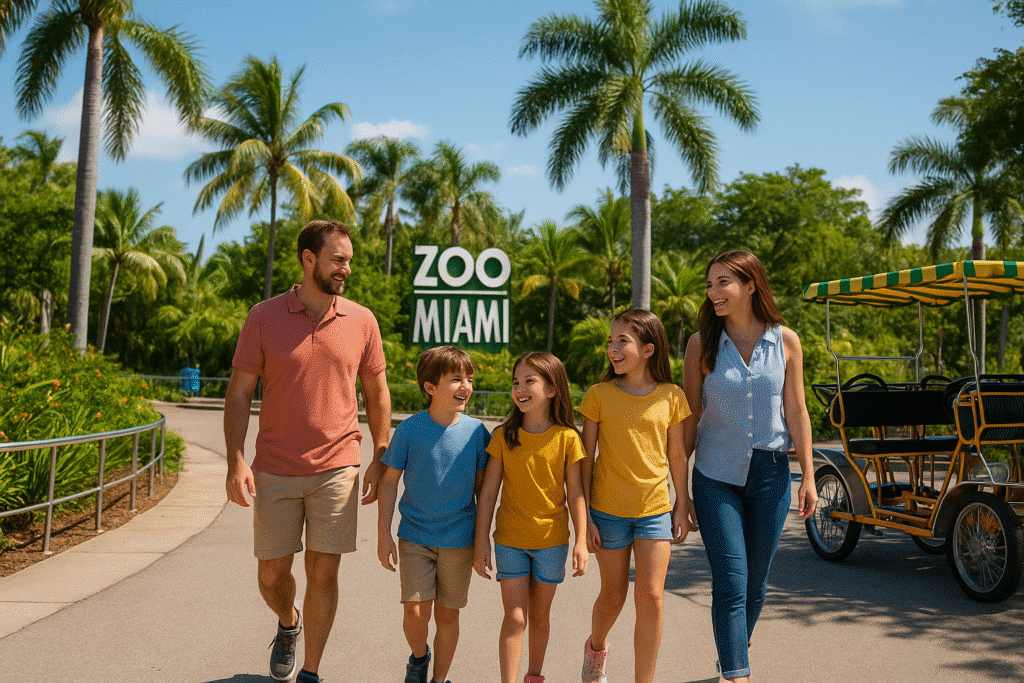 Happy family walking through Zoo Miami under palm trees, perfectly capturing a day that’s totally Kid-Friendly Without the Eye Rolls.