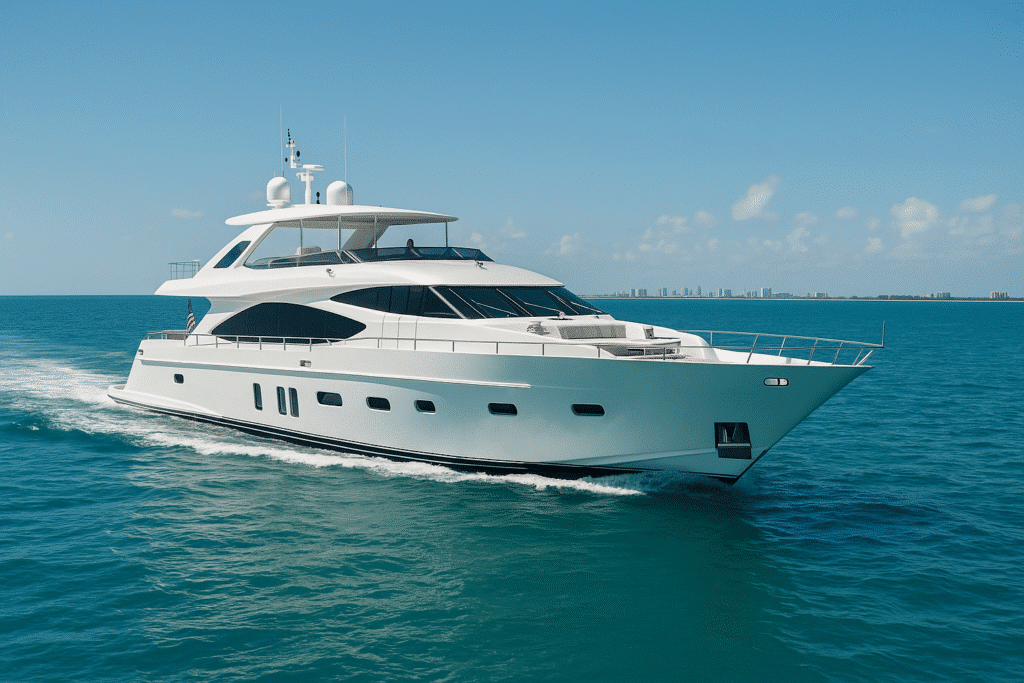 A luxurious 100 ft yacht gliding through turquoise waters near Miami, perfect for a high-end 100 ft yacht rental Miami experience.