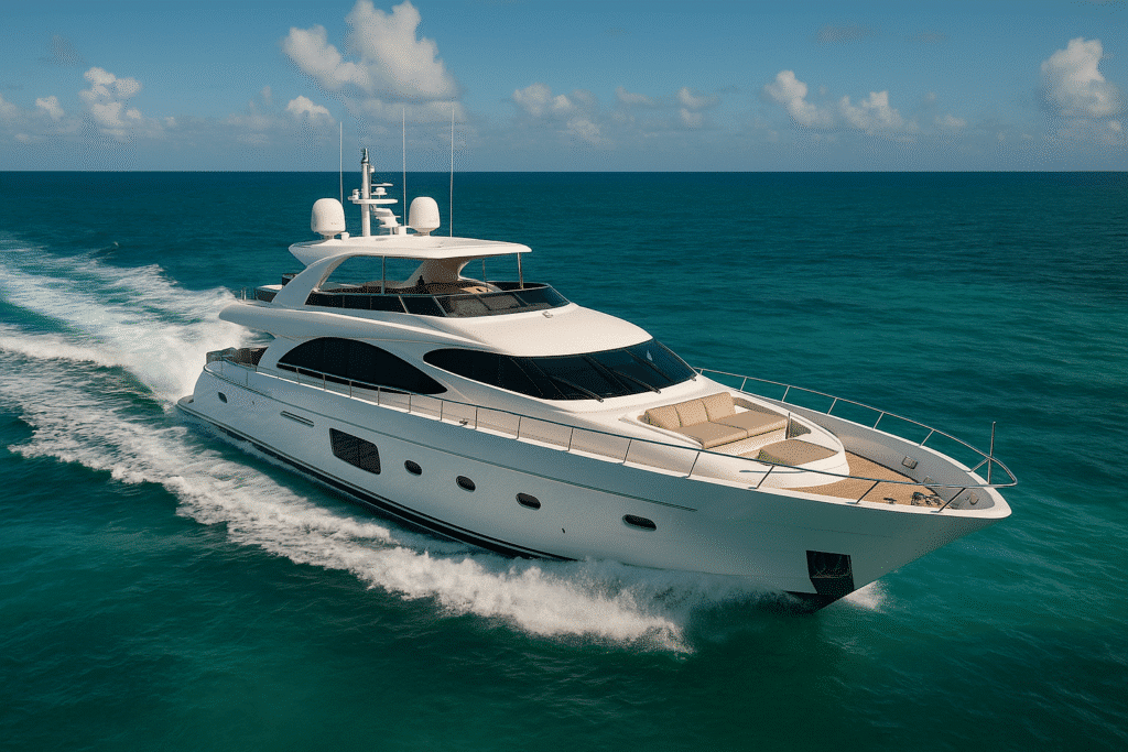 A sleek 100 foot yacht cruising through turquoise Miami waters under a clear sky, illustrating the luxury behind the question: how much does it actually cost to rent a 100 foot yacht in Miami?