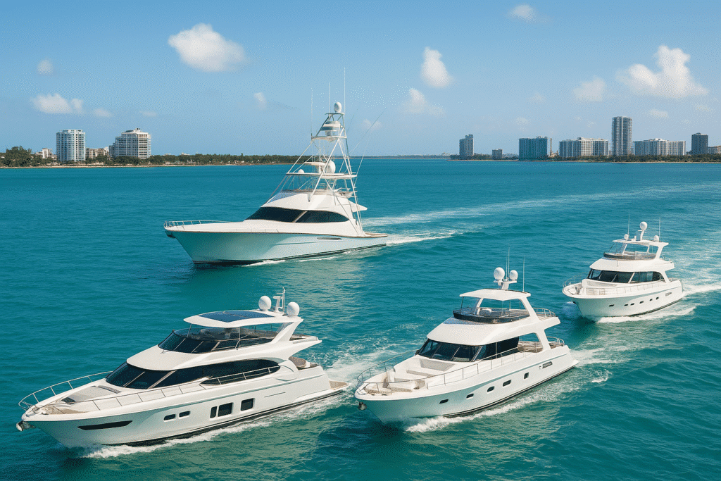 A scenic view of four luxurious yachts cruising through Miami’s turquoise waters, showcasing different types of 100 ft yachts you can rent in Miami.