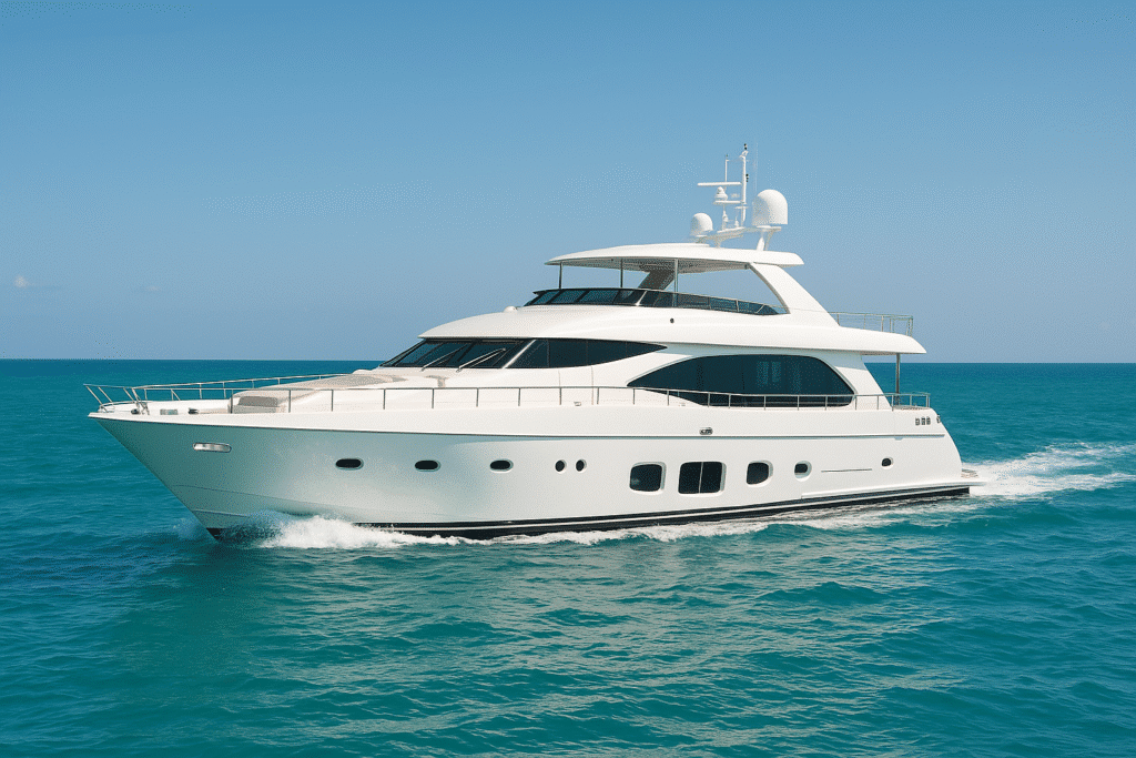 A luxurious 100 ft yacht cruising through calm turquoise waters near Miami, perfectly illustrating how to choose the right 100 ft yacht for your trip.