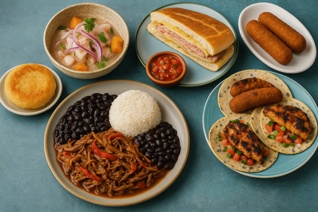 A vibrant spread of Latin-inspired dishes including ropa vieja, Cuban sandwich, arepas, and ceviche—representing the best food in Miami.