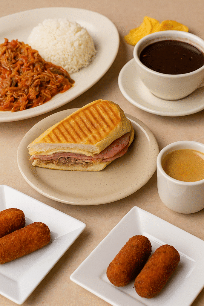A Cuban sandwich, croquetas, café con leche, black bean soup, and ropa vieja plate—proof that yes, even Miami Airport has legit good food.