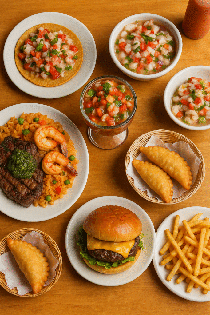 An assortment of Latin dishes including empanadas, ceviche, surf and turf, and a cheeseburger—capturing the vibe of Miami Lakes: unexpected foodie heaven.