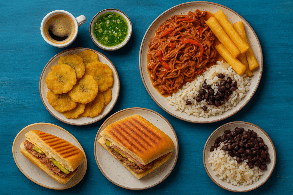 Traditional Cuban food in Miami featuring ropa vieja, black beans and rice, fried yuca, tostones, Cuban sandwiches, and café con leche on a rustic blue table.
