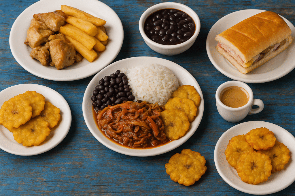Top spots for the best Cuban food in Miami featuring classic dishes like ropa vieja, black beans and rice, tostones, Cuban sandwich, and café cubano served on rustic blue wooden table.