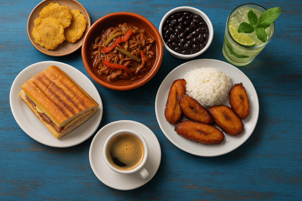 Little Havana – The Real MVP of Cuban Food in Miami featuring classic dishes like ropa vieja, sweet plantains, black beans, Cuban sandwich, tostones, café cubano, and a mojito on a rustic blue table.