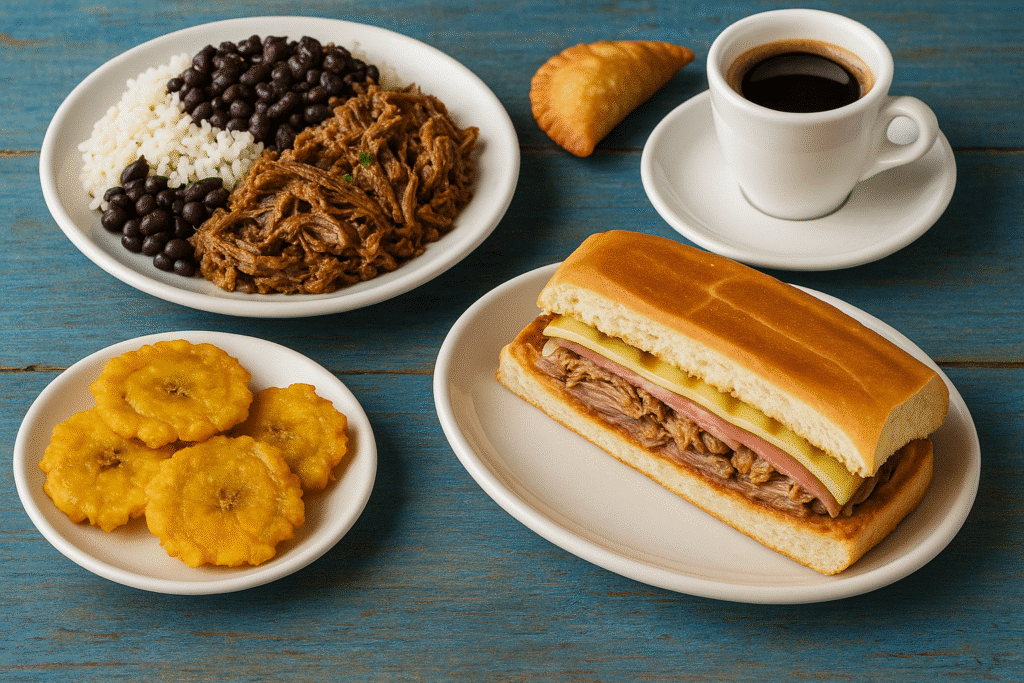 Cuban Food Miami Airport – Worth It or Nah? Featuring a classic Cuban meal with ropa vieja, black beans and rice, tostones, Cuban sandwich, empanada, and café Cubano on a rustic blue table.