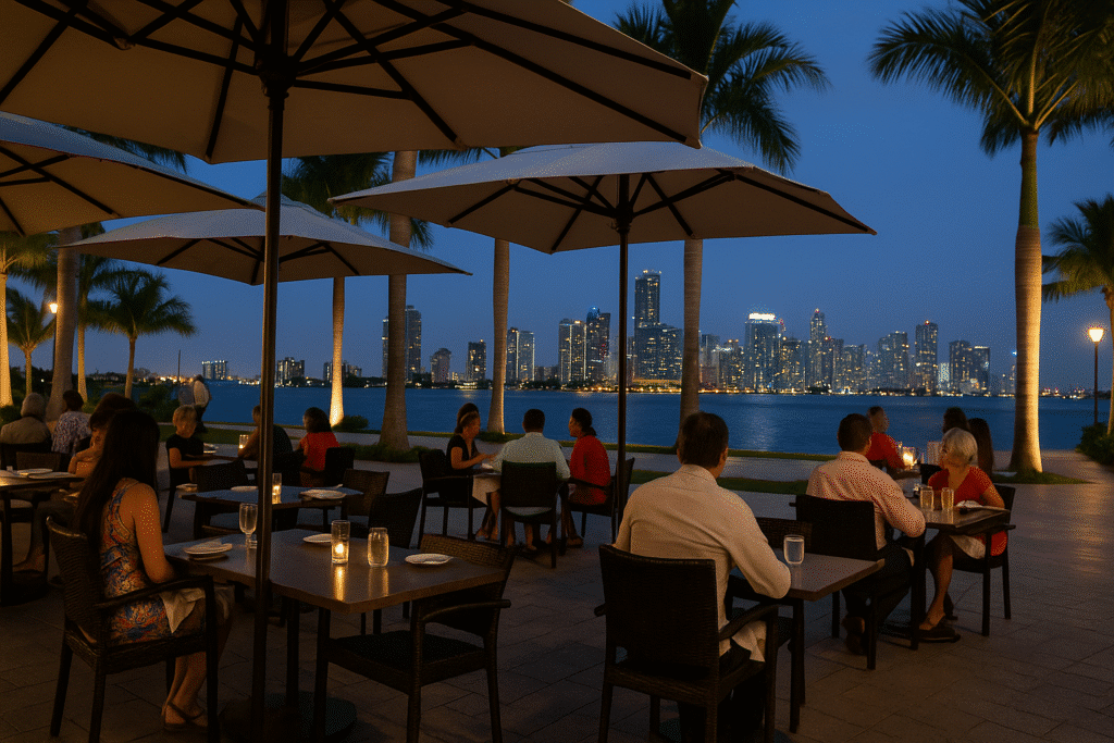 Outdoor waterfront dining scene at night in Miami with city skyline views and candle-lit tables, highlighting the top things to know before you dine in Miami.