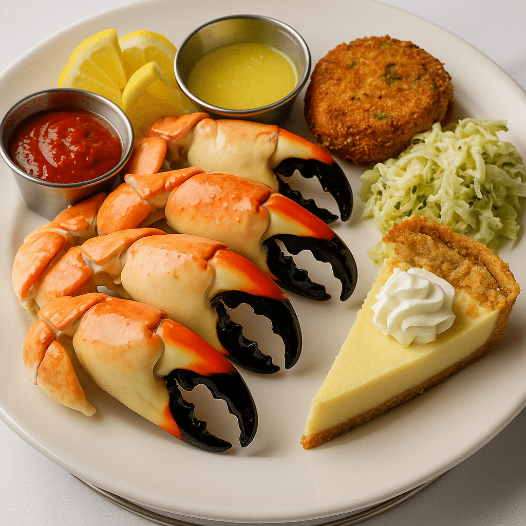 Stone crab claws, crab cake, coleslaw, and key lime pie on a white plate—perfect presentation for seafood lovers in Miami.