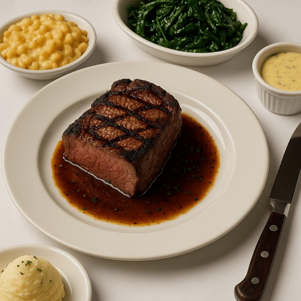 Juicy medium-rare steak with rich sauce, creamy mac and cheese, sautéed spinach, and mashed potatoes—ideal for meat enthusiasts and steakhouse devotees.