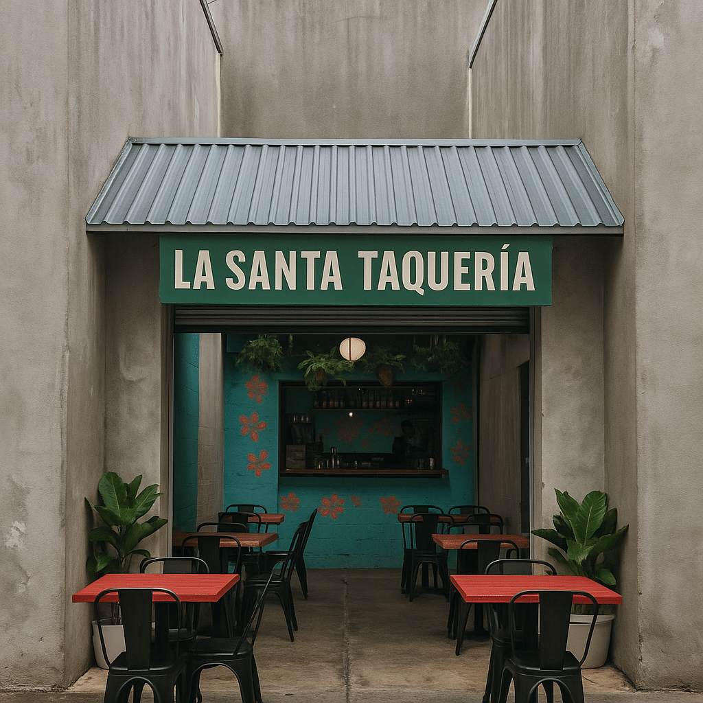 Entrance of a small taquería tucked between concrete buildings, perfectly capturing the vibe of hidden restaurants in Wynwood you’d walk right past.