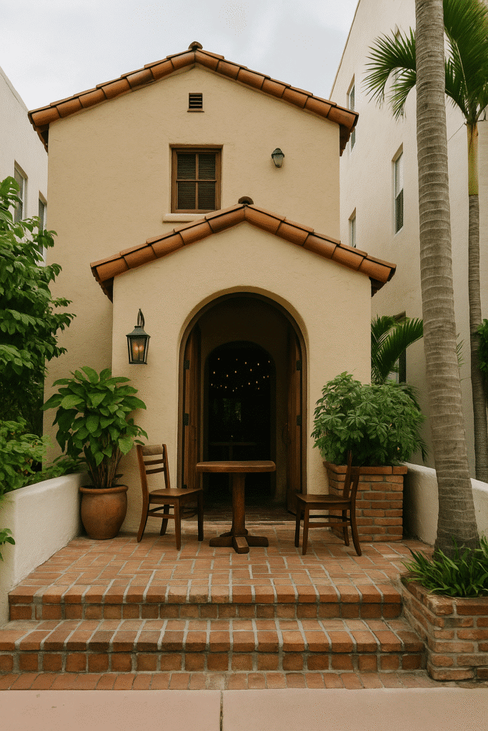 Charming Mediterranean-style entrance to a cozy hidden eatery, representing secret eats in South Beach (yes, they exist!).