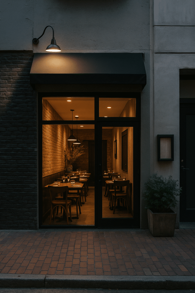 Warmly lit narrow restaurant tucked between buildings, perfectly capturing the charm of hidden gems in Brickell you’d never expect.