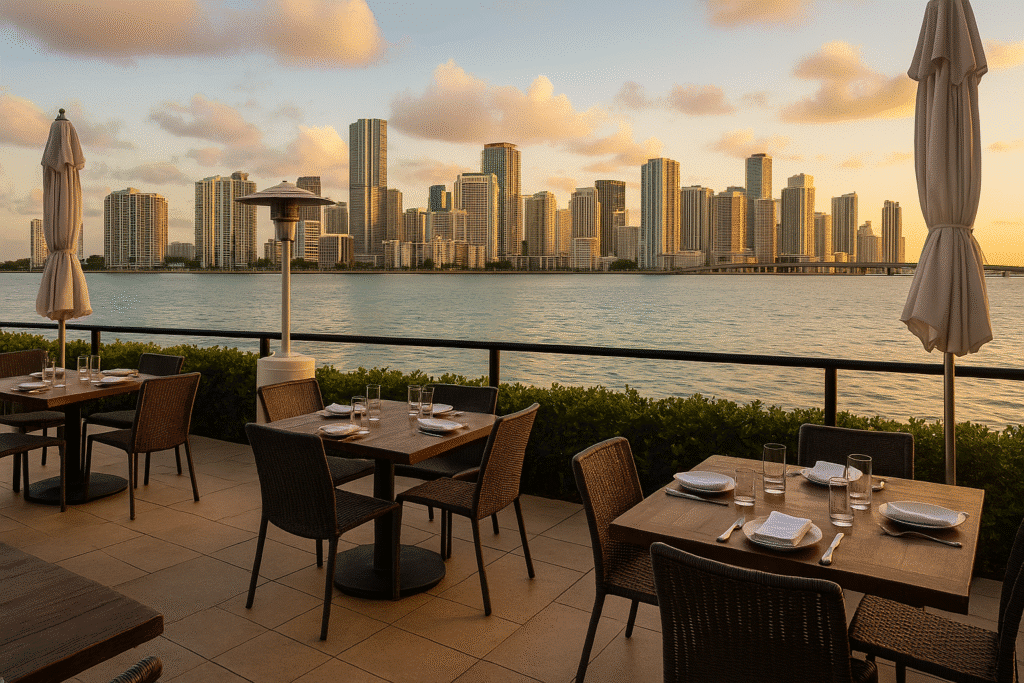 Outdoor dining setup at a waterfront restaurant with views of the Downtown Miami skyline at sunset, highlighting scenic restaurants in downtown Miami.