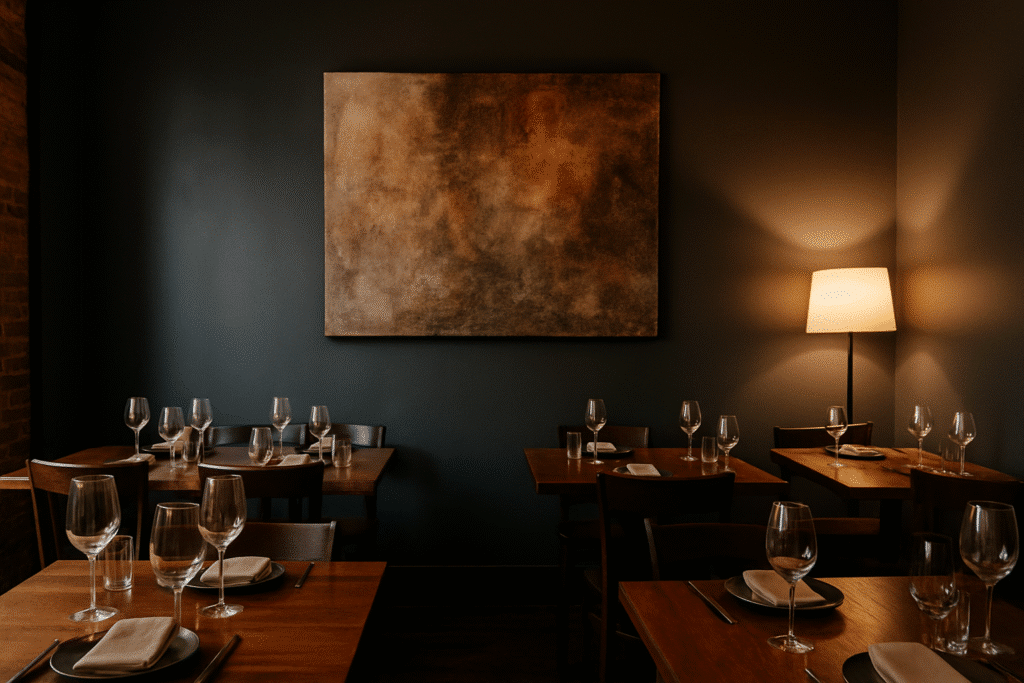 Elegant dining room with neatly set wooden tables, warm lighting, and minimalist decor—capturing the vibe of the classics: best restaurants in Downtown Miami everyone talks about.