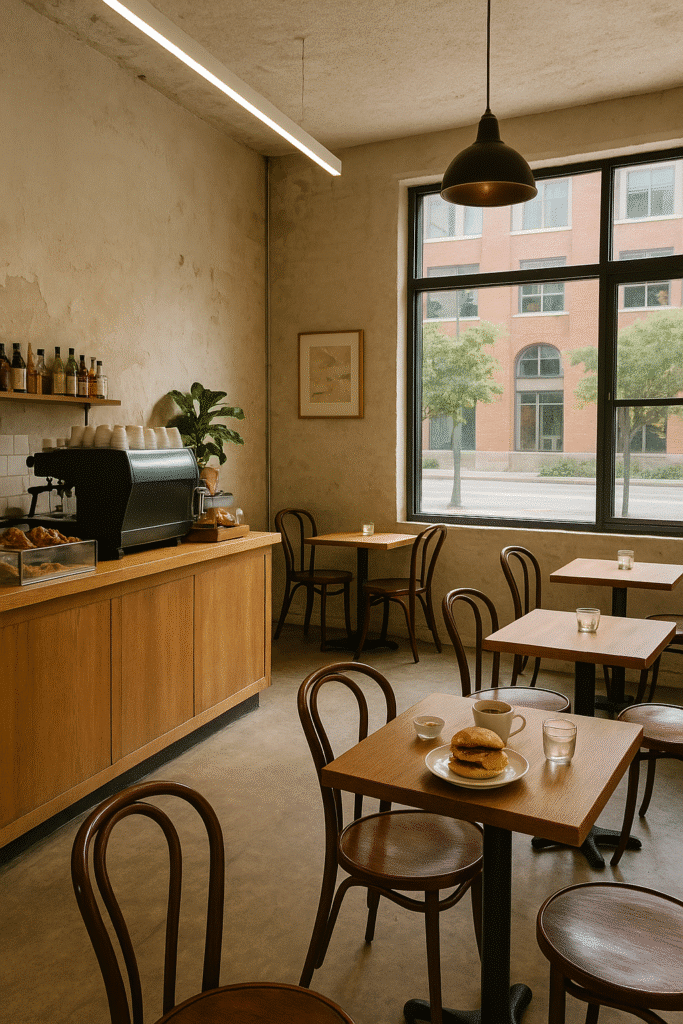 Cozy, minimalist café with wooden tables and chairs, large windows, and a relaxed vibe—capturing the essence of hidden gems: good restaurants in Downtown Miami you might miss.