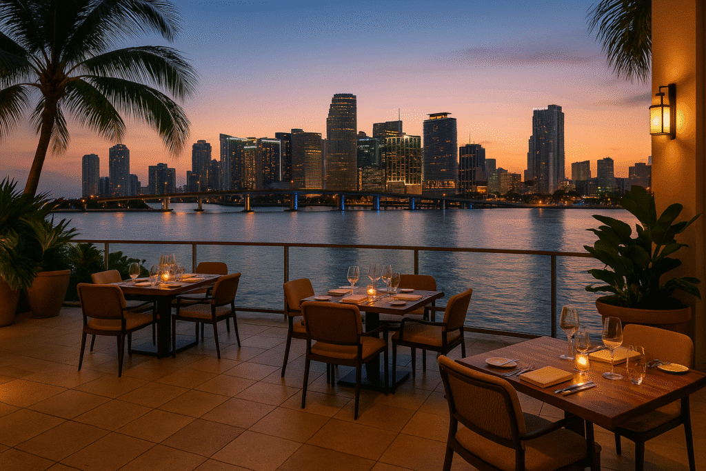 Candlelit waterfront dining terrace overlooking the Miami skyline at sunset, capturing the charm of romantic, scenic, and flat-out gorgeous restaurants in Downtown Miami with a view.