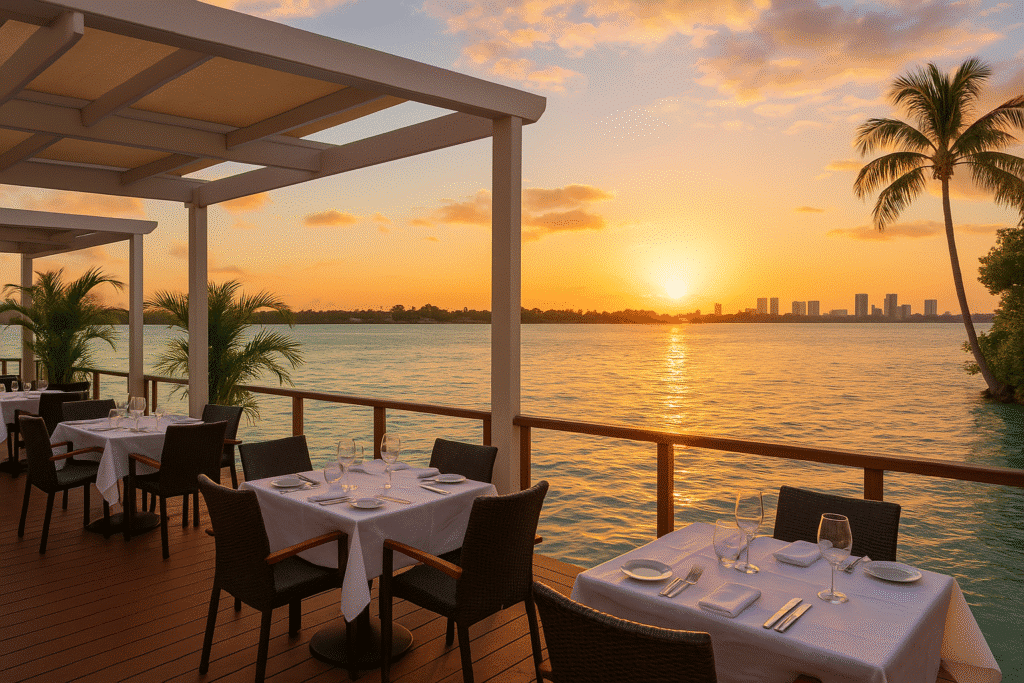 Outdoor dining setup at sunset with ocean views, palm trees, and elegant tables—perfect example of Miami Beach restaurants on the water.