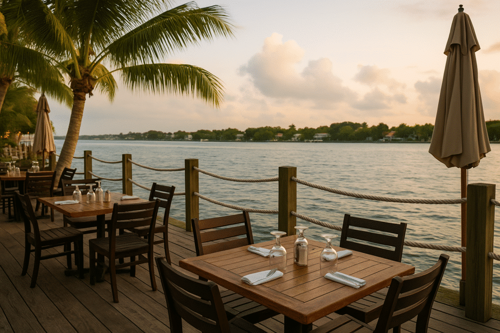 Peaceful outdoor dining deck at sunset overlooking calm bay waters—perfect example of North Miami Beach restaurants on the water: the underrated gems.