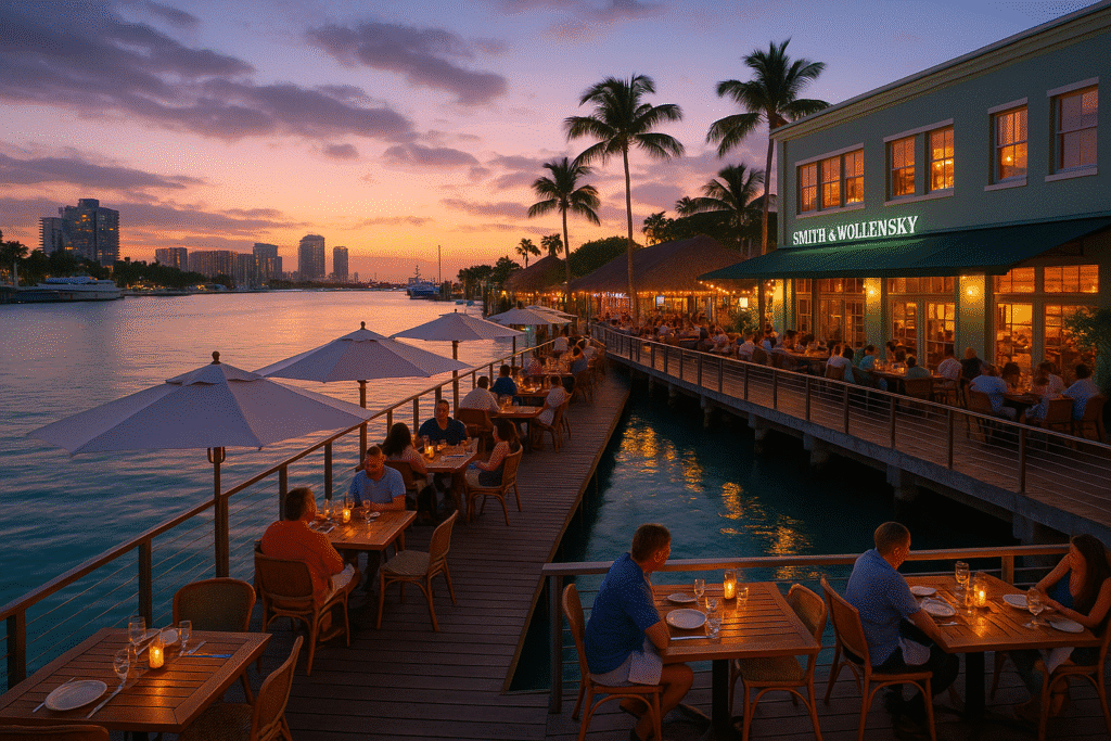 Vibrant waterfront dining scene at sunset featuring Smith & Wollensky and other restaurants in South Beach Miami on the water: here’s where to go.