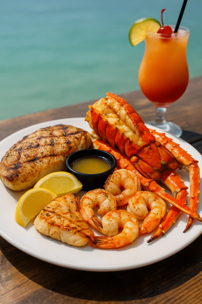 A grilled seafood platter with shrimp, lobster tail, and fish served by the ocean, capturing the vibe of top seafood restaurants in Miami you’ve gotta try.