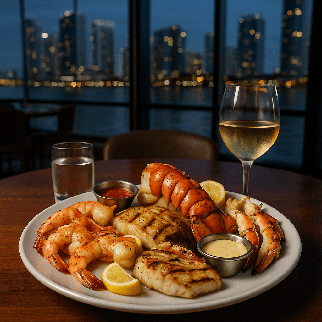 A gourmet seafood platter with shrimp, lobster tail, and grilled fish served in a waterfront restaurant with a night view of the city skyline, representing Downtown Miami seafood restaurants that don’t miss.
