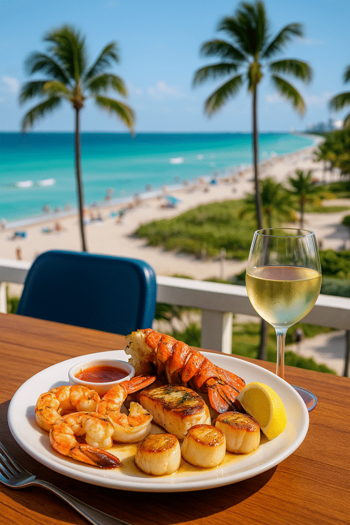 A luxurious seafood platter with lobster, shrimp, and scallops paired with white wine, set against the turquoise waters and palm trees of South Beach, perfectly capturing South Beach seafood: bougie bites and beachfront views.
