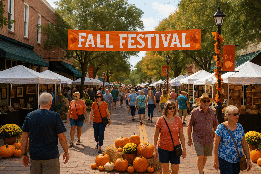 Crowds stroll through the Mount Dora Fall Festival in Florida, surrounded by craft booths, autumn decorations, and pumpkins.