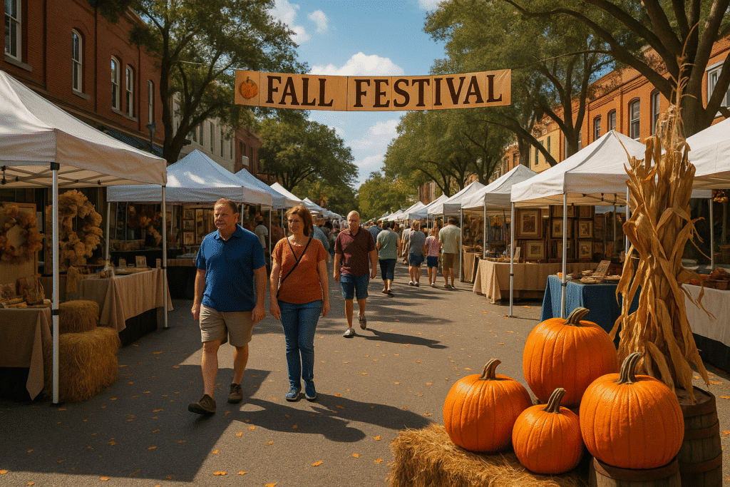 History of the Mount Dora Fall Festival shown through a lively street scene with vendor booths, pumpkins, and autumn decor.