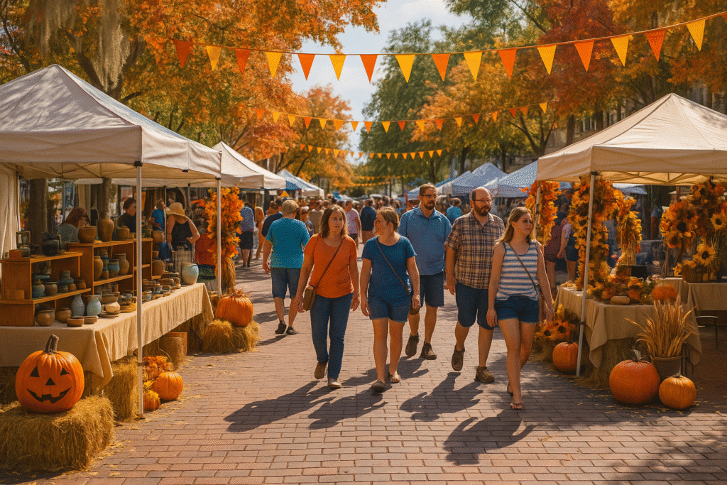 The Streets Come Alive – What You’ll See Walking Around at Mount Dora Fall Festival with vibrant booths, autumn decor, and visitors strolling.