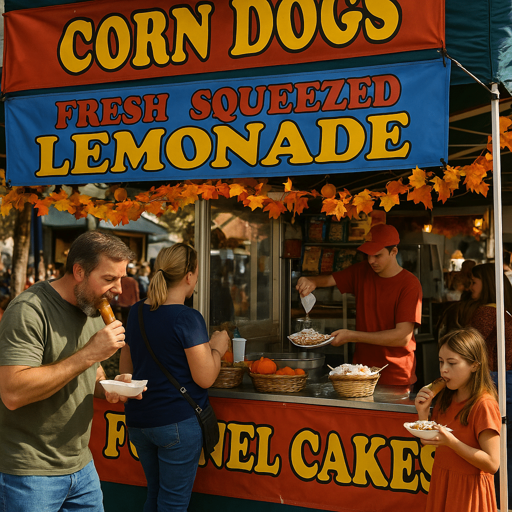 Food and Drink – The Heart of Any Festival with people enjoying corn dogs, funnel cakes, and fresh lemonade at a lively outdoor stand.
