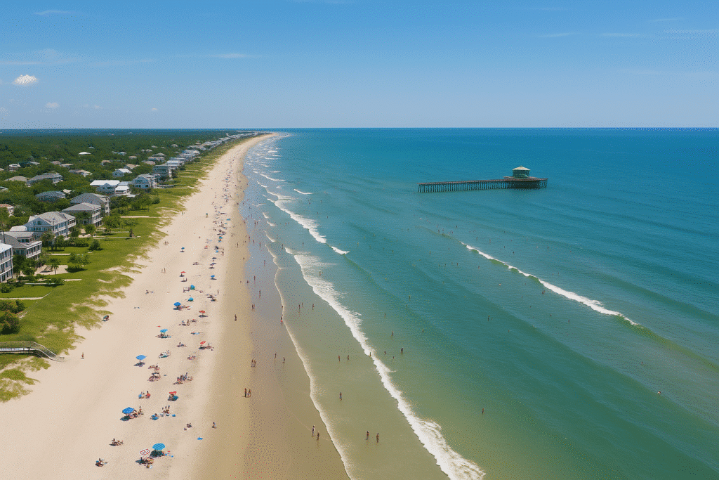 Aerial view comparing Isle of Palms vs Folly Beach, showing contrasting shorelines and pier.