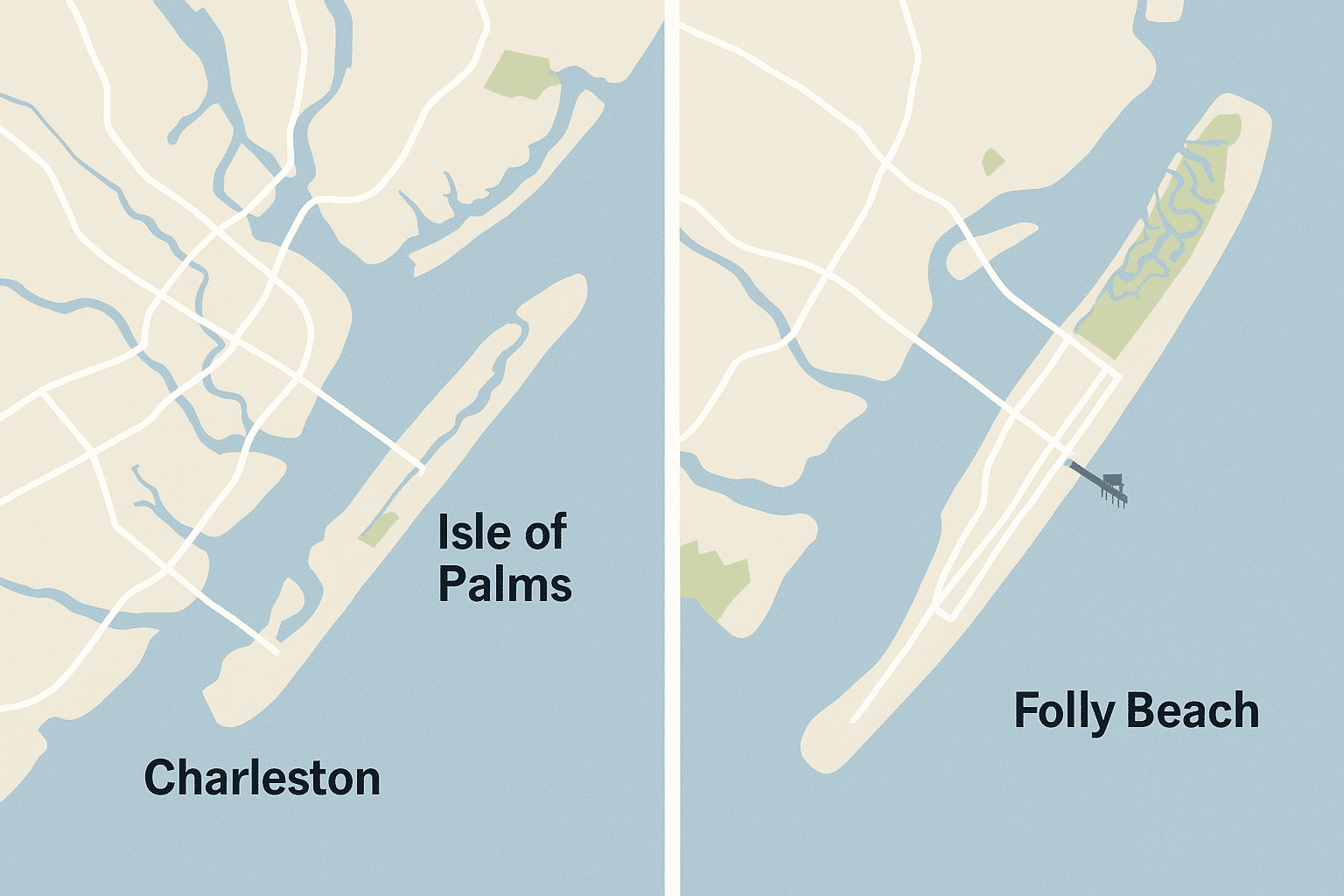 Minimalist map showing Location & Accessibility of Isle of Palms and Folly Beach near Charleston.