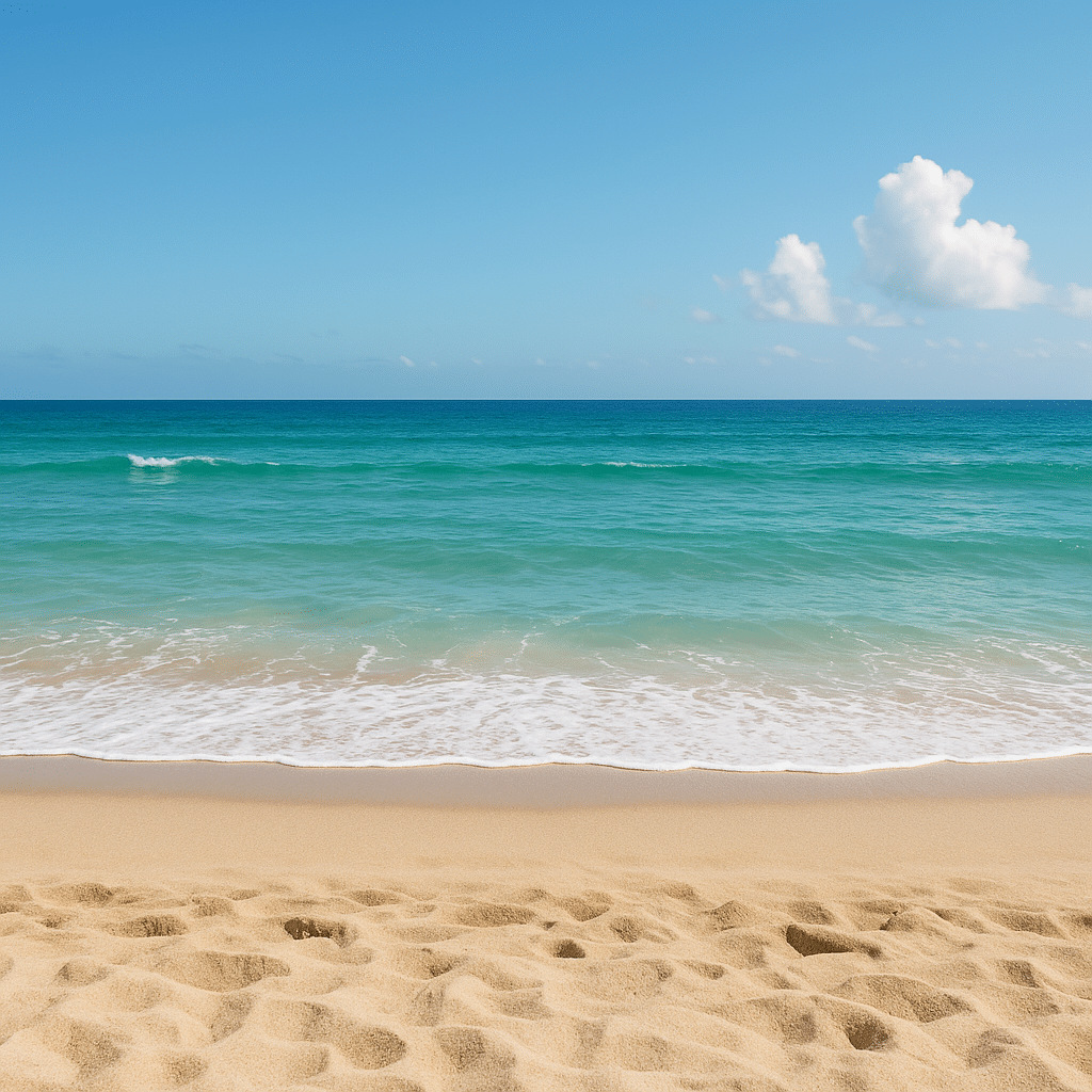 Close-up view of Sand & Water Quality with golden beach, gentle turquoise waves, and clear blue sky.