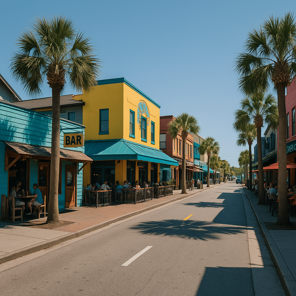Colorful coastal street with shops, bars, and cafes, illustrating Things to Do Off the Beach.