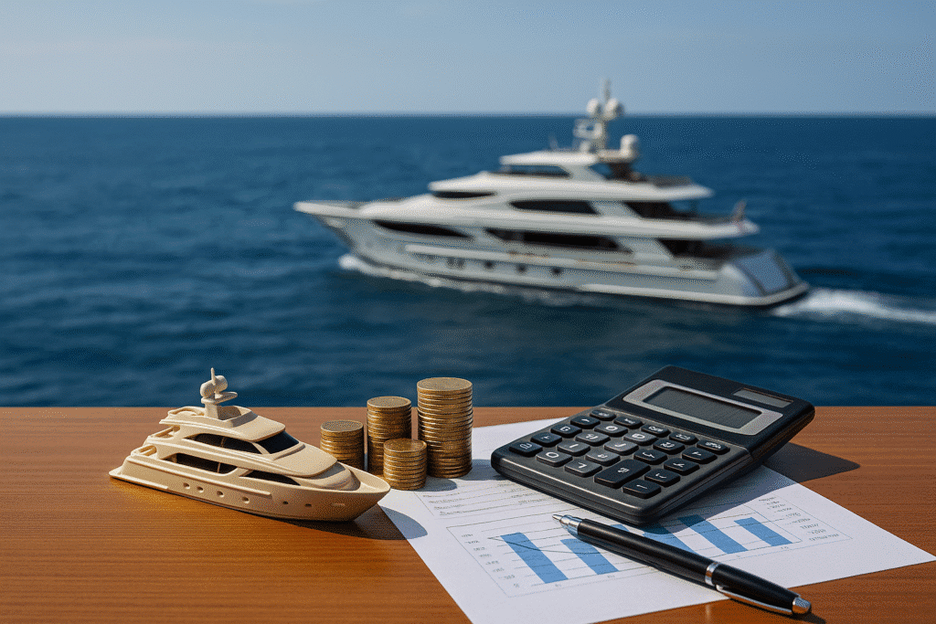 Cost of Owning a 100 ft Yacht illustrated with coins, calculator, and luxury yacht in background.