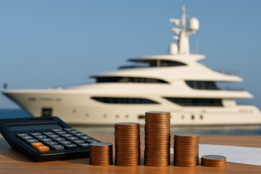 100 ft Yacht Price – The Truth Behind the Numbers shown with coins, calculator, and luxury yacht in background.