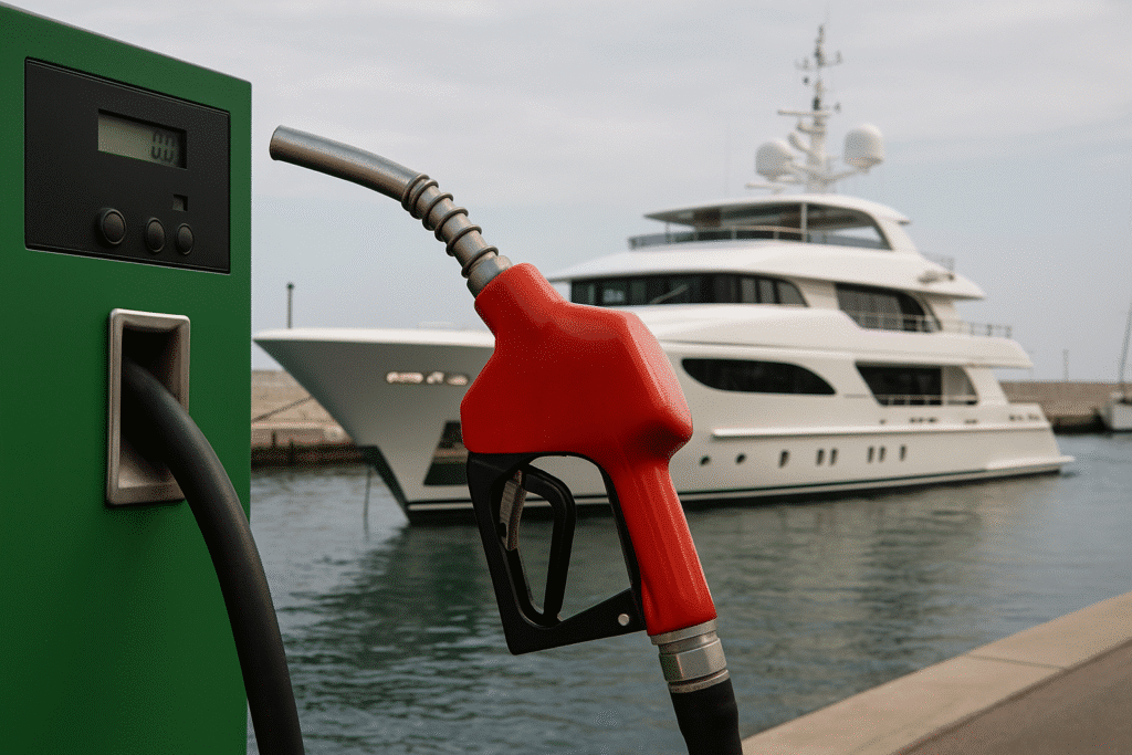 Fuel Cost for 100 ft Yacht shown with red fuel nozzle and luxury yacht docked in background.