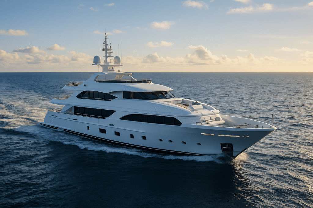 Luxurious 100 ft yacht for sale cruising on open water during a golden sunset, showcasing sleek multi-deck design and modern features.