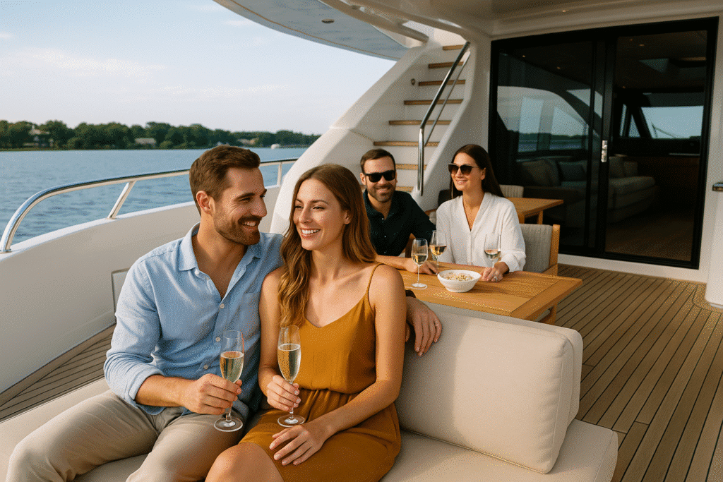 Who’s Actually Buying These? (It’s Not Just Billionaires) – four friends enjoying champagne on the deck of a luxury yacht, symbolizing diverse yacht ownership.