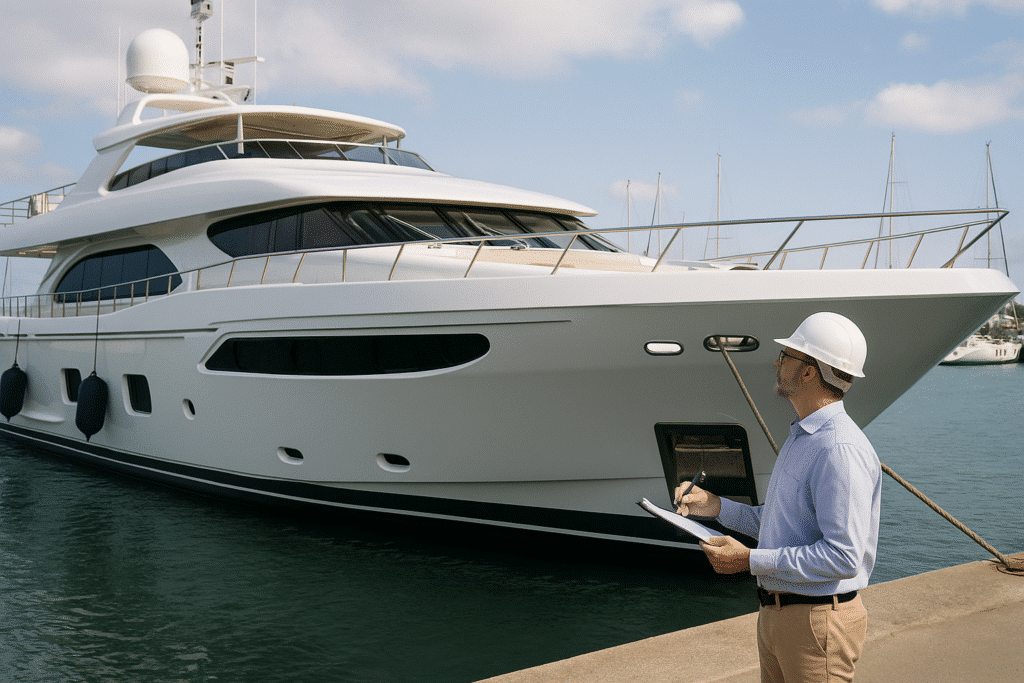 What to Know Before You Buy a 100 ft Yacht – marine surveyor inspecting a luxury yacht at the marina with clipboard in hand.